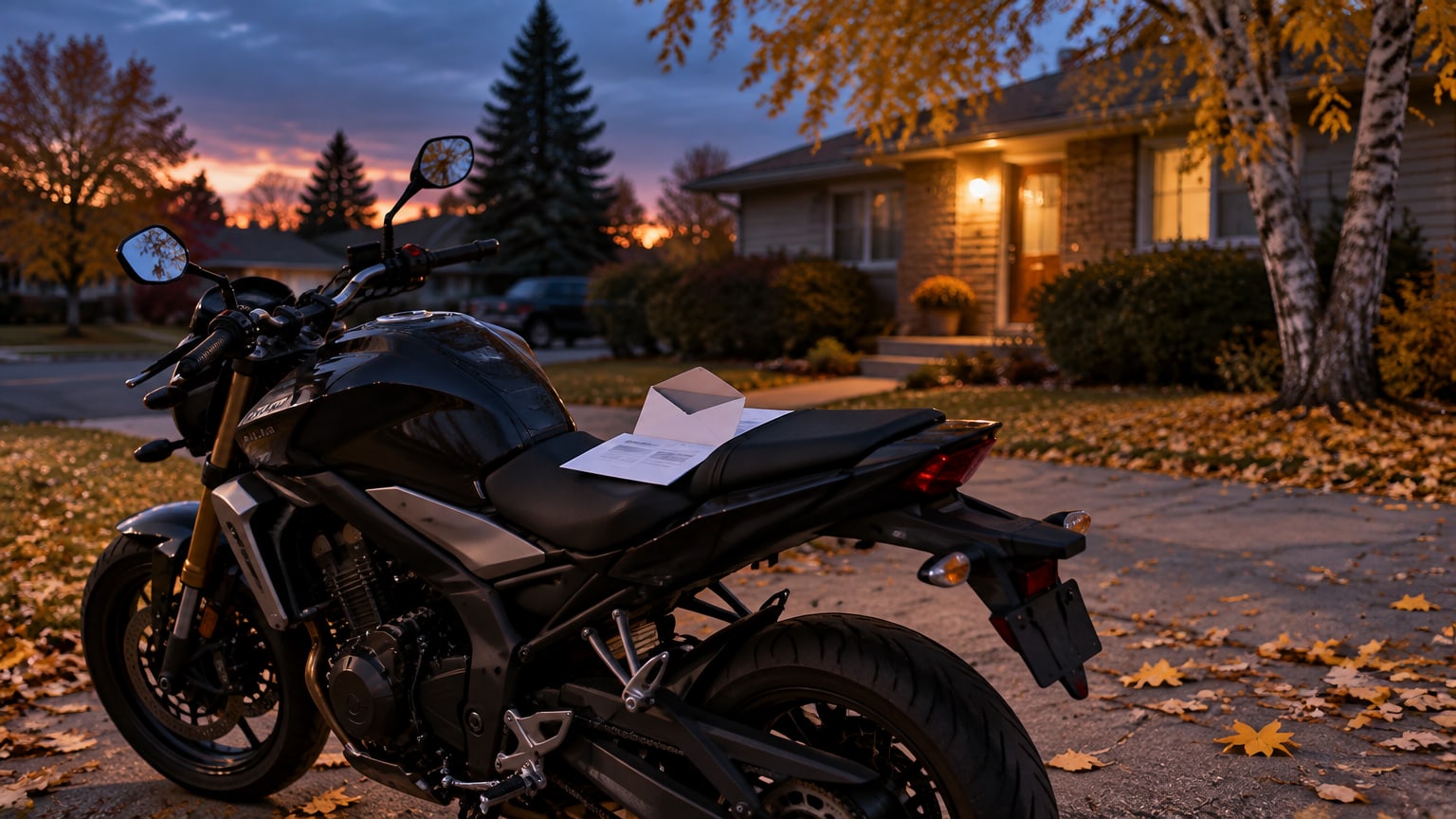 Parked motorcycle with renewal envelope on seat in suburban Alberta driveway at dusk